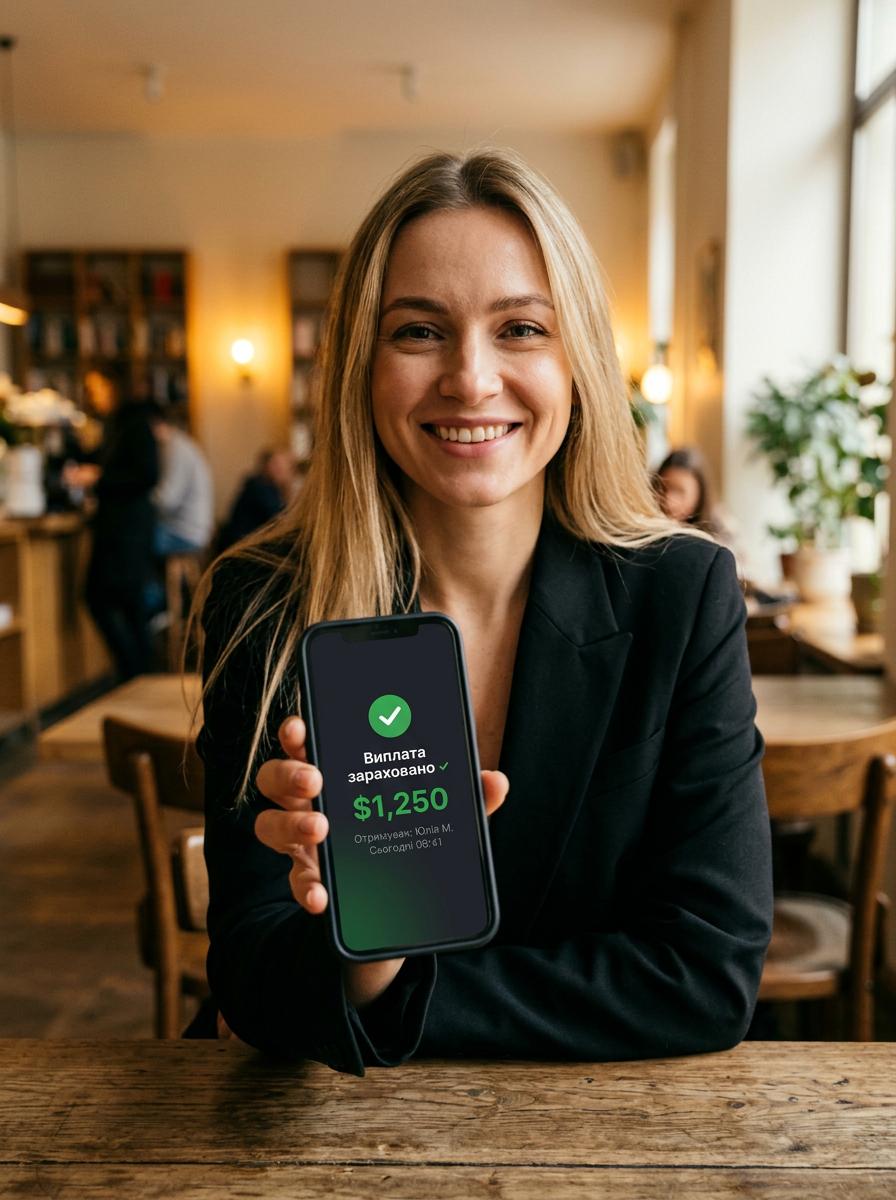 Дівчина в кафе показує телефон з виплатою $1,250